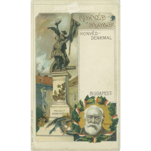 Early 1900s. The Honvéd statue in Buda and an old-age picture of Lajos Kossuth. Coloured lithograph. Old postcard. (2793559)
