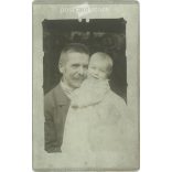 Early 1920s. Father and daughter. The people in the picture and the photographer are unknown. Black and white, business card size, laminated old photo, original paper image. (2793604)