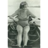1940s, Tolna. Young girl rowing on the Danube. The photographer is unknown. Old photo. Black and white photo, original paper image. (2793607)