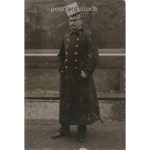 1910s. Full-length photo of a young officer. The person in the photo and the photographer are unknown. Old photo. Black and white photo, original paper photo. (2793615)
