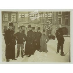   1910s. Officers in the snowy courtyard. The people in the picture and the photographer are unknown. Old photo. Black and white photo, original paper image. (2793618)