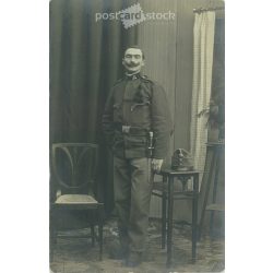  1915. Studio photo of a young officer, Salzburg stamped. The person in the photo and the photographer are unknown. Original old photo. Gelatin silver. Black and white photo plate, old postcard. (2793619)