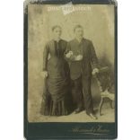 Early 1900s. Studio photo of a young couple. The photo was taken in Alexander Vasas’s studio. The person in the photo is unknown. Old photo. Original  Cabinet card / CDV photo / hardback photo. (2793643)
