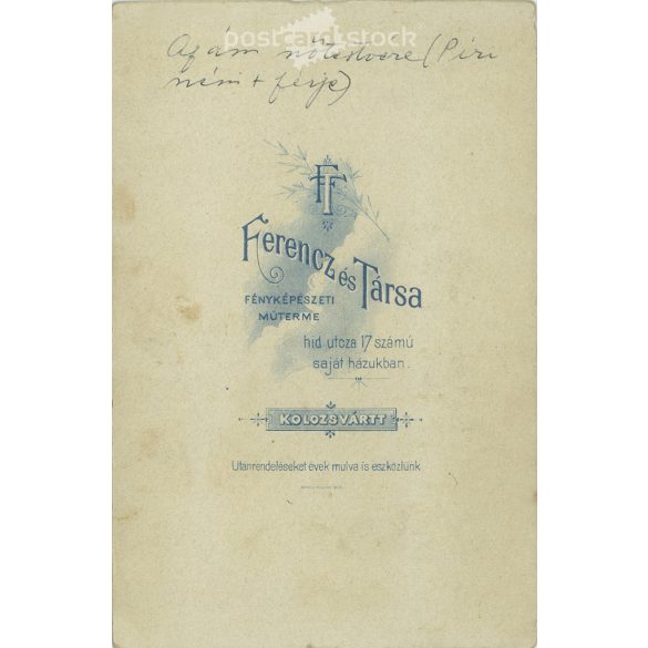 cca 1900. Married couple in folk costume, "Aunt Piri and her husband". The photo was taken in the Ferencz and Co. photo studio, Cluj-Napoca. Old photo. Original  Cabinet card / CDV photo / hardback photo. (2793644)