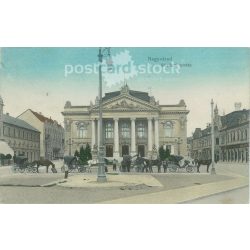   1919 - Oradea, Szigliget Theatre with the carriages waiting in front of it. Published by Dr. Trenkler and Co.. Original old photo. Colored photo, old postcard. (2793655)