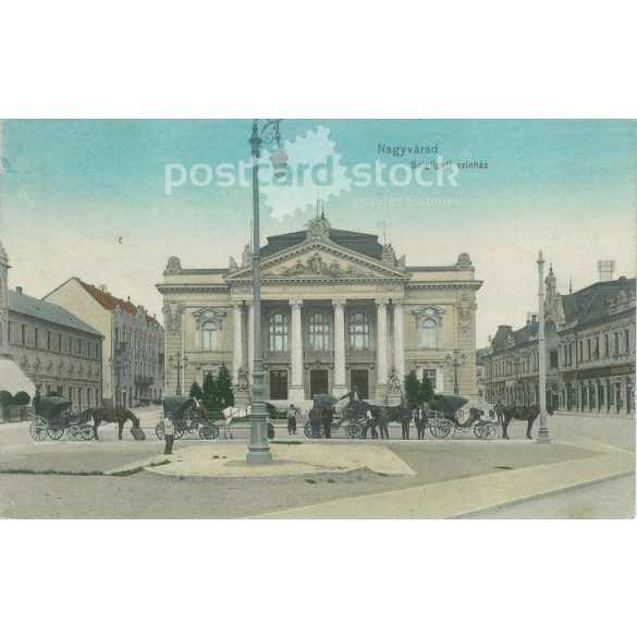 1919 – Oradea, Szigliget Theatre with the carriages waiting in front of it. Published by Dr. Trenkler and Co.. Original old photo. Colored photo, old postcard. (2793655)