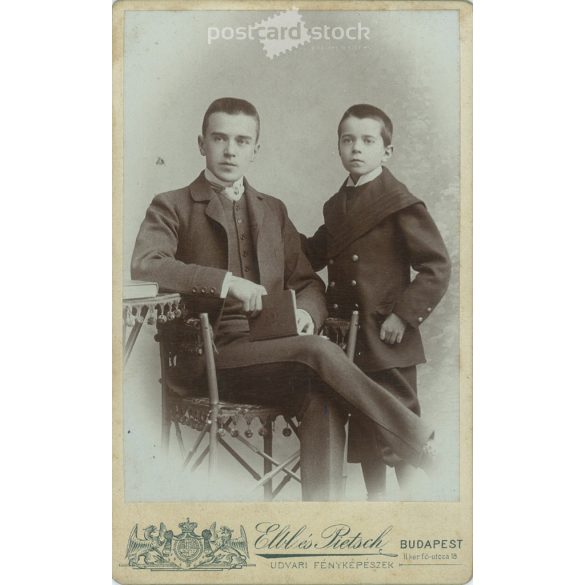 Studio photo of brothers, in Budapest. The work of the Elbl and Pietsch studio. Old photo, original cabinet photo / hardback photo / business card, CDV photo. (2793659)