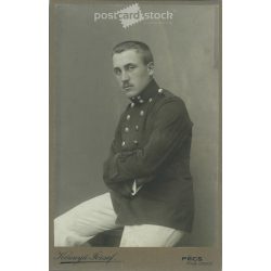   1914 - Studio photo of a young officer during mobilization. The photo was taken in the photo studio of József Könnyu in Pécs. Old photo. Original  Cabinet card / CDV photo / hardback photo. (2793664)
