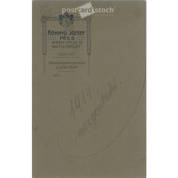 1914 - Studio photo of a young officer during mobilization. The photo was taken in the photo studio of József Könnyu in Pécs. Old photo. Original  Cabinet card / CDV photo / hardback photo. (2793664)