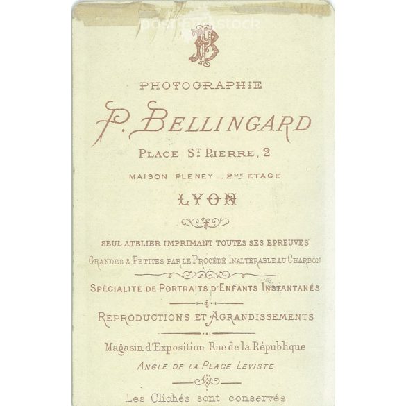 Studio photo of a little girl. The photo was taken in P. Bellingard’s photo studio in Lyon. Old photo. Original  Cabinet card / CDV photo / hardback photo.(2793667)
