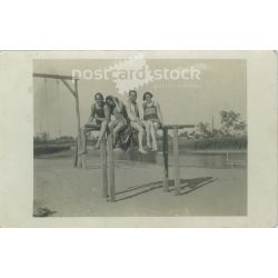   1930 - Young people on vacation. The people in the picture and the photographer are unknown. Original old photo. Black and white photo, old postcard. (2793669)