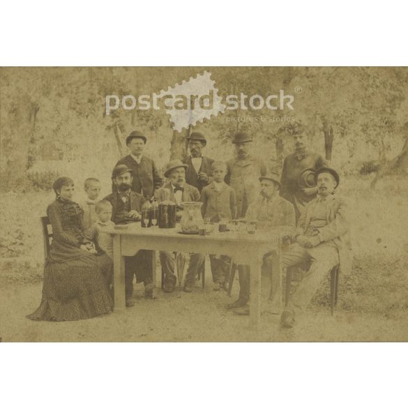 Late 1800s. Family group photo in the garden. The people in the photo and the photographer are unknown. Original old photo. Black and white, laminated photo, original paper photo. (2793672)