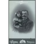 Early 1900s. Father and daughter. The persons in the picture are unknown. The photo was taken in Barna’s photo studio in Miskolc. Old photo. Original cabinet photo / hardback photo / business card, CDV photo. (2793754)