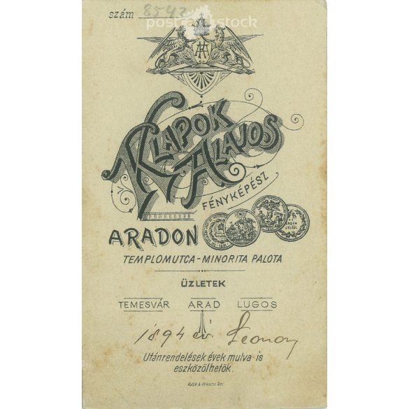 1894 - Studio photo of an elegant, young woman. The person in the photo is unknown. The photo was taken in the photo studio of Alajos Klapok, Arad. Old photo. Original cabinet photo / hardback photo / business card, CDV photo. (2793755)