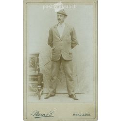   Circa 1900 - Full-length studio photo of Gyula Schmidt. The photo was taken in Stern S.’s photo studio in Miskolc. Old photo. Original cabinet photo / hardback photo / business card, CDV photo. (2793757)