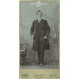Circa 1900 - Full-length studio photo of a young man. The photo was taken in the Dunky Brothers’ photo studio in Cluj-Napoca. Old photo. Original cabinet photo / hardback photo / business card, CDV photo. (2793762)