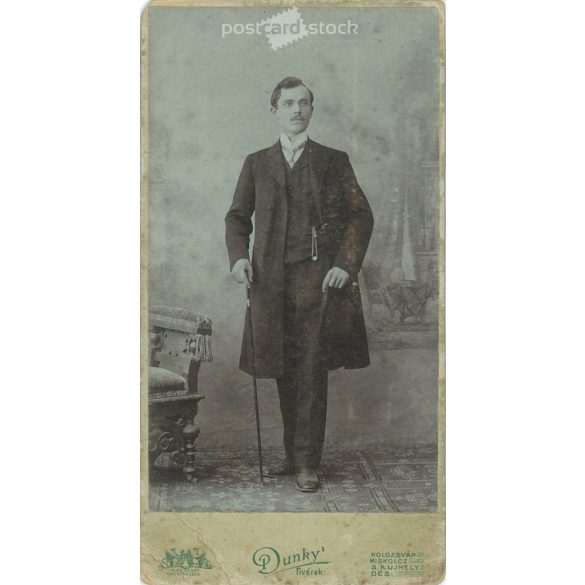 Circa 1900 - Full-length studio photo of a young man. The photo was taken in the Dunky Brothers’ photo studio in Cluj-Napoca. Old photo. Original cabinet photo / hardback photo / business card, CDV photo. (2793762)