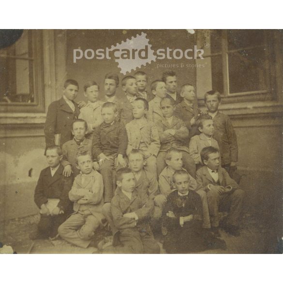 Circa 1900 - Occasional class photo. The people in the photo and the photographer are unknown. Original old photo. Black and white, laminated photo, original paper photo. (2793768)
