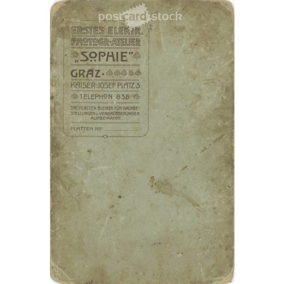 Circa 1900 - Studio photo of a distinguished couple. The picture was taken in Sophie’s photo studio in Graz. Old photo. Original cabinet photo / hardback photo / business card, CDV photo. (2793770)