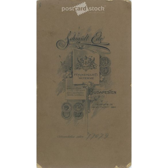 Circa 1900 - Studio photo of a young man. The picture was taken in the photography studio of Ede Schmidt in Budapest. Old photo. Original cabinet photo / hardback photo / business card, CDV photo. (2793771)