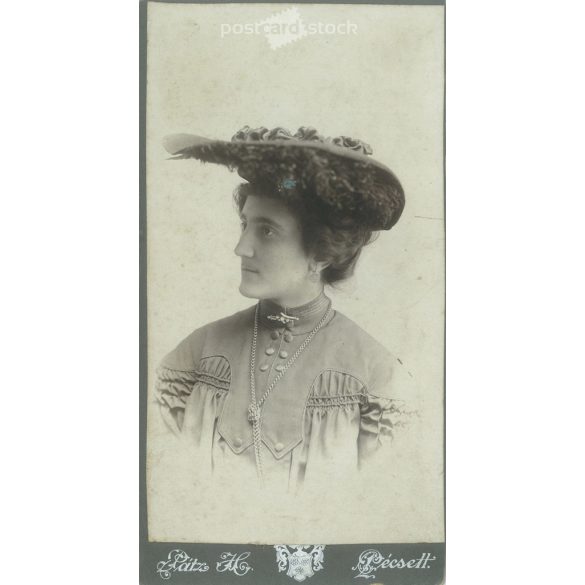 Circa 1890 - Elegant lady in a hat, studio photo. The picture was taken in the photo studio of Hermin Pátz, Pécs. Old photo. Original cabinet photo / hardback photo / business card, CDV photo. (2793772)