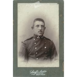   Circa 1910 - Military photo. The photo was taken in Ármin Schaffer’s photo studio in Budapest. The person in the photo and the photographer are unknown. Old photo. Original cabinet photo / hardback photo / business card, CDV photo. (2793774)