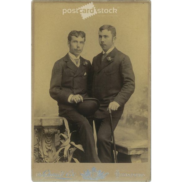 Circa 1900 - Studio photo of brothers. The picture was taken in Schmidt Ede’s photo studio in Budapest. Old photo. Original cabinet photo / hardback photo / business card, CDV photo. (2793782)