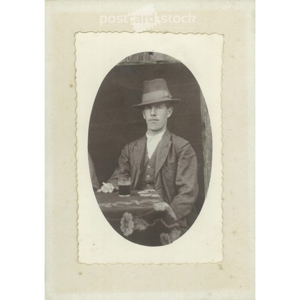 Circa 1910 - János Vidovernyecz drinking wine, with a cigarette, in Békéscsaba. The author of the picture is unknown. Original old photo. Black and white, laminated photo, original paper image. (2793788)