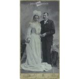 Circa 1900 - Photo of a wedding couple. The photo was taken in the Braun Menyhért photo studio in Budapest. Old photo. Original cabinet card / CDV photo / hardback photo. (2793791)
