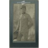 1927 - Portrait photo of soldier Sándor Csányi, with a decoration. The photo was taken in Jenő Dékány’s photo studio in Karcag. Original old photo. Black and white, laminated photo, original paper image. (2793793)