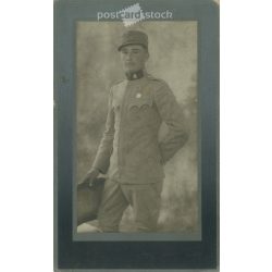   1927 - Portrait photo of soldier Sándor Csányi, with a decoration. The photo was taken in Jenő Dékány’s photo studio in Karcag. Original old photo. Black and white, laminated photo, original paper image. (2793793)
