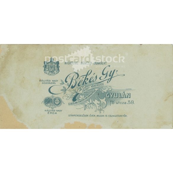 Circa 1914 - Photo of a young soldier. The photo was taken in Gyula Békés’s photo studio in Gyula. Old photo. Original cabinet photo / hardback photo / business card, CDV photo. (2793795)