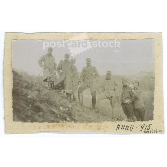 1915 - Group photo of soldiers, Halics. The people in the photo and the photographer are unknown. Original old photo. Black and white photo, original paper photo. (2793801)