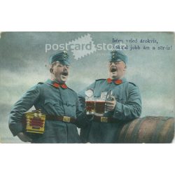   1916 - World War I Austro-Hungarian Monarchy soldiers. Drunk, singing soldiers, with humorous lyrics. Original paper image. Colored photo, old postcard. (2793838)
