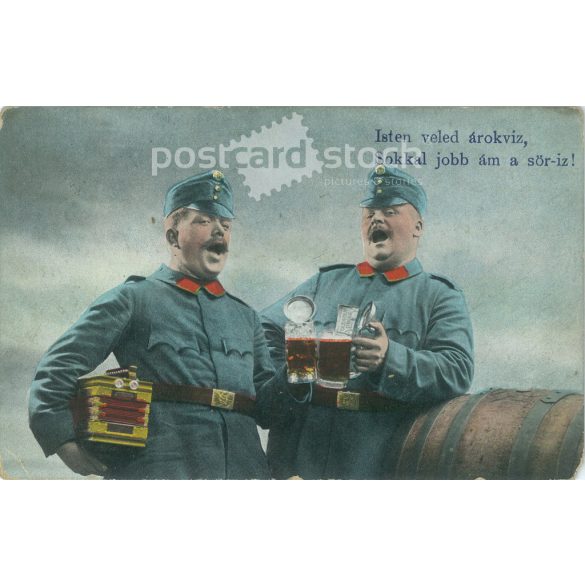 1916 - World War I Austro-Hungarian Monarchy soldiers. Drunk, singing soldiers, with humorous lyrics. Original paper image. Colored photo, old postcard. (2793838)