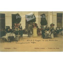  1913 - Café terrace, Esztergom - Camp. The picture shows soldiers and civilians. Original paper picture. Colored photo, old postcard. (2793839)