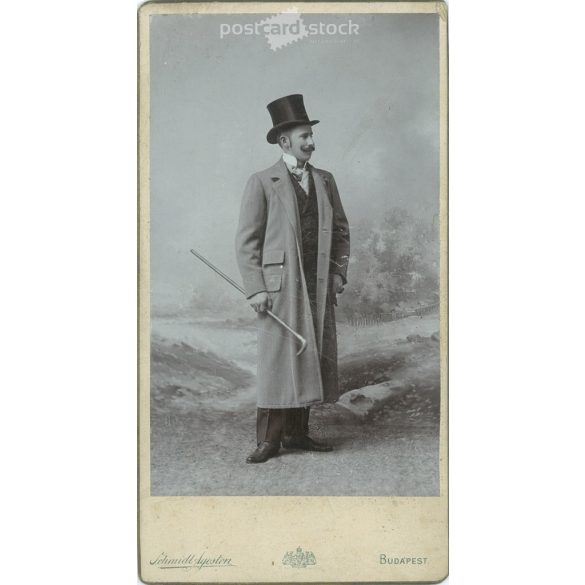 Elegant, young man in a top hat, with a walking stick. The picture was taken in Ágoston Schmidt’s photo studio in Budapest. Original  Cabinet card / CDV photo / hardback photo. (2793840)