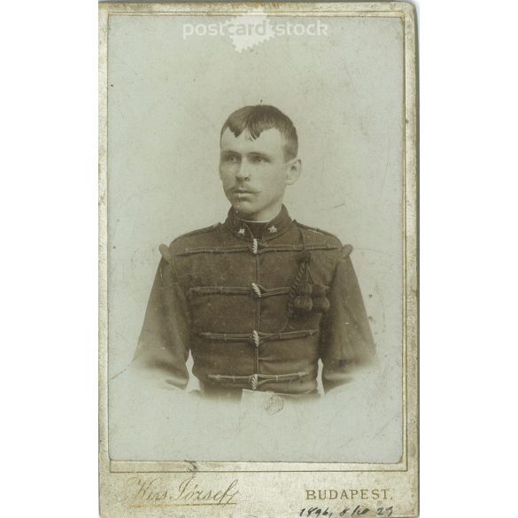 1896 - István Franóy, photo of a young soldier, Orosháza. The photo was taken in the photo studio of József Kiss, Budapest. Original  Cabinet card / CDV photo / hardback photo. (2793843)