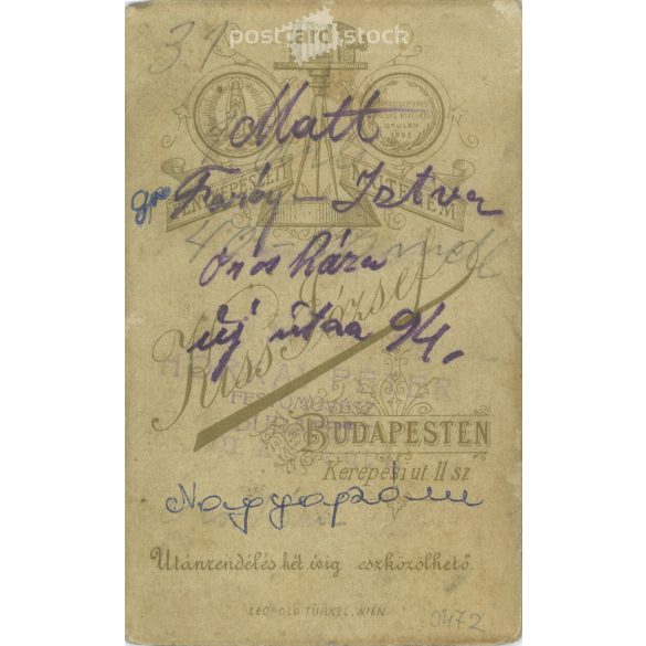 1896 - István Franóy, photo of a young soldier, Orosháza. The photo was taken in the photo studio of József Kiss, Budapest. Original  Cabinet card / CDV photo / hardback photo. (2793843)