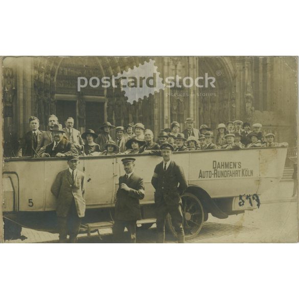 Sightseeing bus in front of Cologne Cathedral. The people in the picture and the photographer are unknown. Original old photo. Black and white, laminated photo, original paper photo. (2793851)