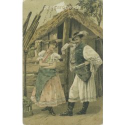   1907 - In folk costume. Lithographed postcard. Unique graphic. Romantic, old postcard. (2793856)