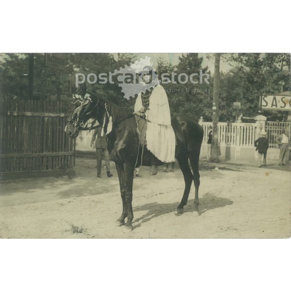 Young man on horseback. Original paper image. Black and white photo, old postcard. (2793858)