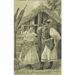   1908 - In folk costume. Lithographed postcard. Unique graphic. Romantic, old postcard. (2793861)