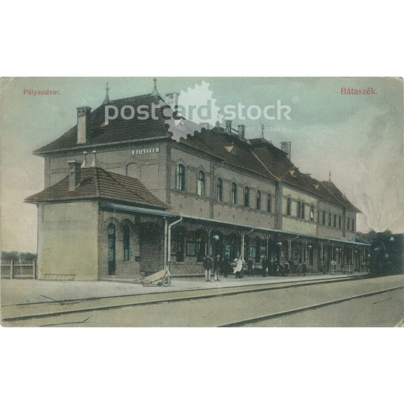 1913 - Bátaszék, railway station. Original old photo. Colored photo, old postcard. (2793868)