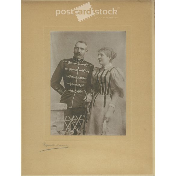 1872 - Young officer and his wife, studio photo. The person in the photo and the photographer are unknown. Original old photo. Black and white, laminated photo, original paper photo. (2793878)