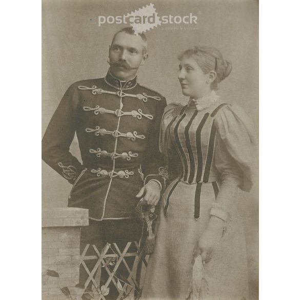 1872 - Young officer and his wife, studio photo. The person in the photo and the photographer are unknown. Original old photo. Black and white, laminated photo, original paper photo. (2793878)