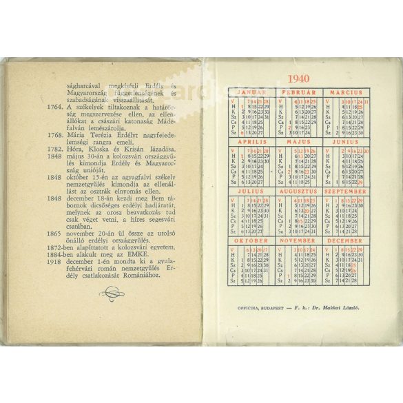 1940 - Transylvanian Calendar. Published by the Transylvanian Men’s Association. Softcover, stapled, glued binding. (2793879)