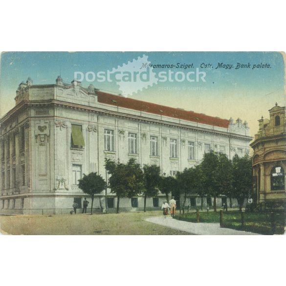 Máramaros-Sziget, Austro-Hungarian Bank Palace. Built between 1906-1907, based on the plans of the Budapest architect Alpár Ignácz. Original old photo. Colored photo, old postcard. (2793881)