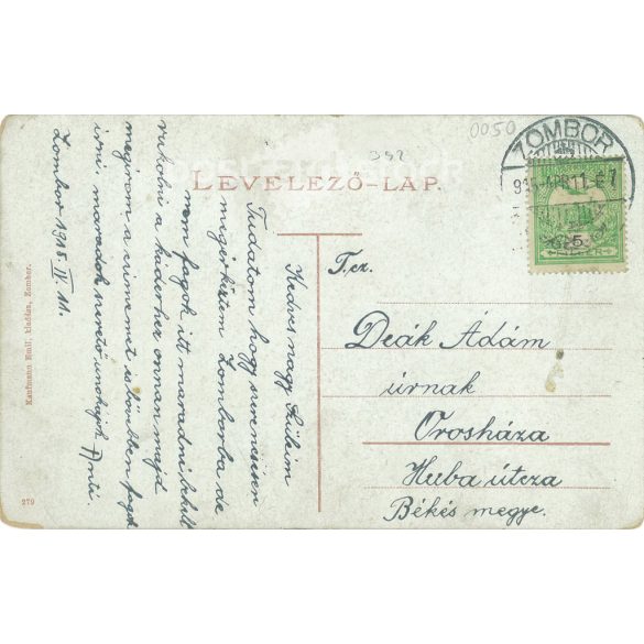 1915 - Statue of Ferenc Rákóczi II, Sombor. Original old photo. Colored photo, old postcard. (2793884)