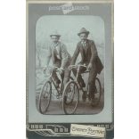 Early 1900s. A pair of siblings cycling in Szentes. The persons in the picture are unknown. The photo is the work of the Kövesy studio. Old photo. Original  Cabinet card / CDV photo / hardback photo. (2793885)